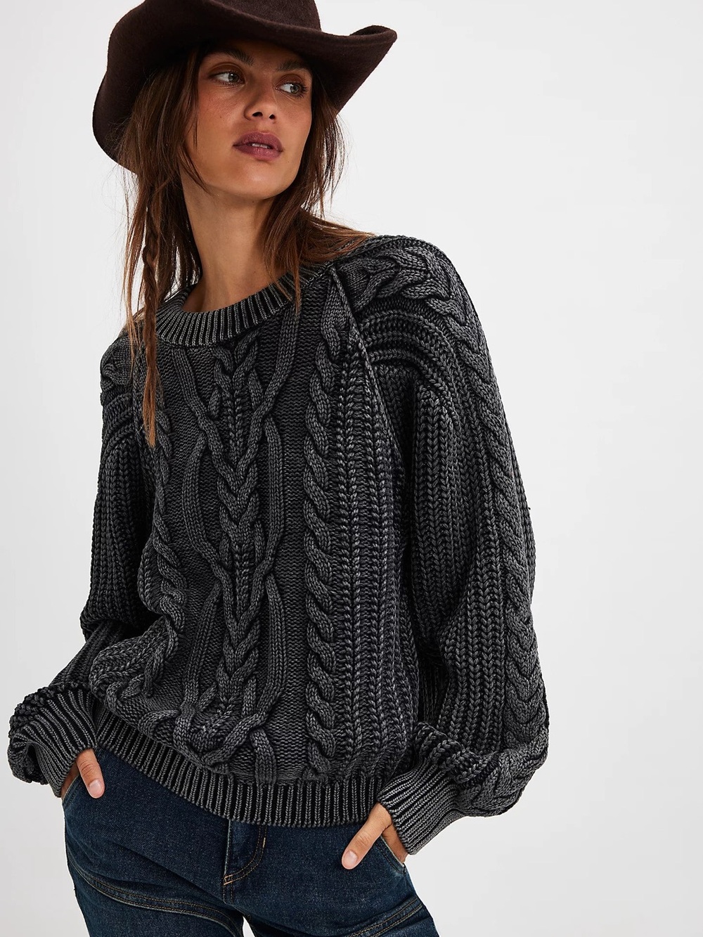 Free People ‘Frankie’ Chunky Cable Knit Sweater (Blue Gray Charcoal)